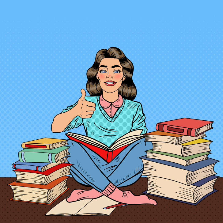 Pop Art Young Woman Sitting On The Library Table And Reading Book With Hand Sign Thumb Up. Vector Illustration