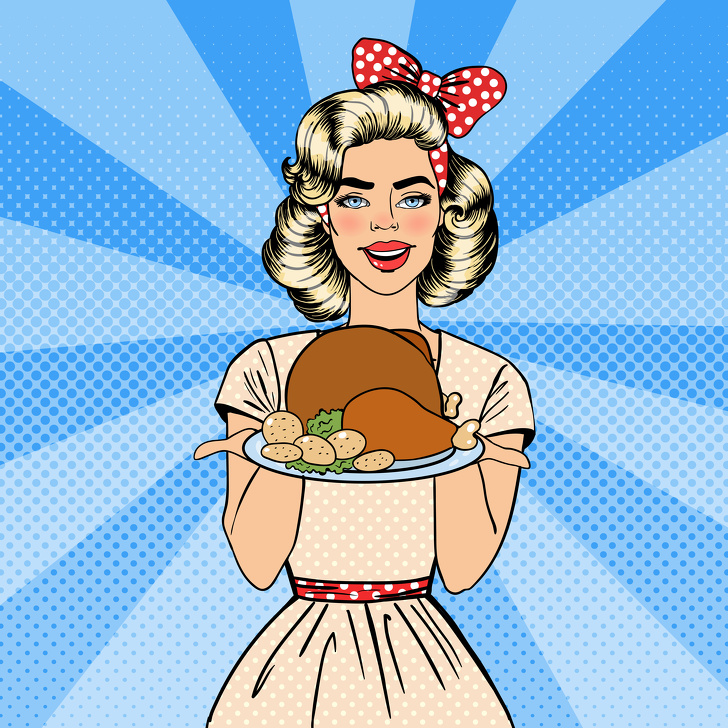 Beautiful Woman Holding A Plate With Roast Turkey. Housewife Cooking. Pop Art. Vector Illustration