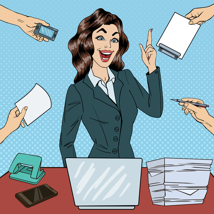 Pop Art Busy Business Woman Had An Idea At Multi Tasking Office Work. Vector Illustration