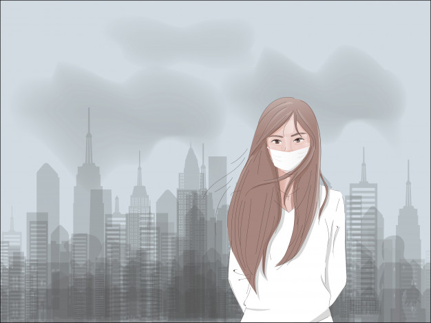Air Pollution Concept With Factory Carbon Dioxide Sad Girl Wearing Mask_41327 453