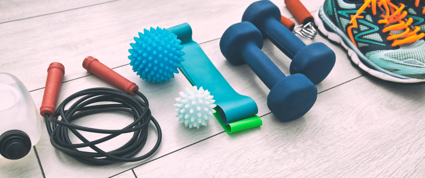 The Fitness Tools And A Equipment On The Wooden Floor. Concept