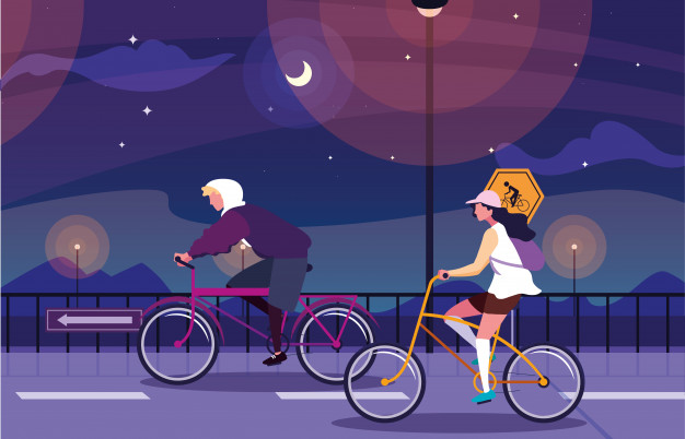 Couple Riding Bike Night Landscape With Signage Cyclist_24911 52070
