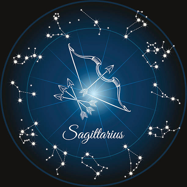 Zodiac Sign Sagittarius And Circle Constellations. Vector Illustration