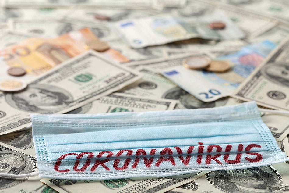 Medical Face Mask And Money World Coronavirus Epidemic And Economic Damages. Corona Virus Concept