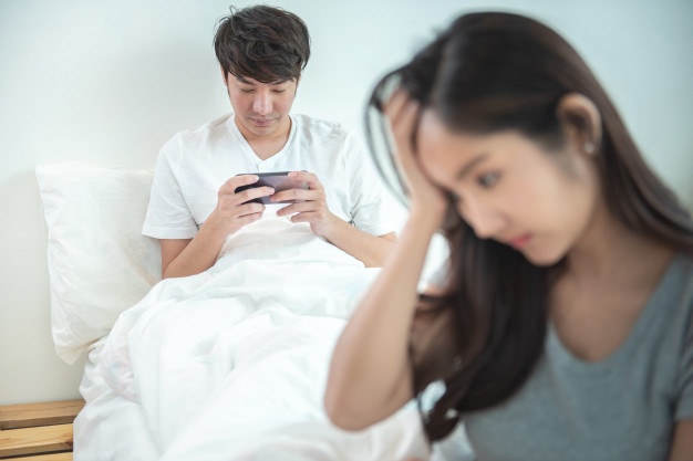 Young Asian Woman Is Upset That Man Uses Phone All Time Without Paying Attention Her Man Holds Phone Pay Attention