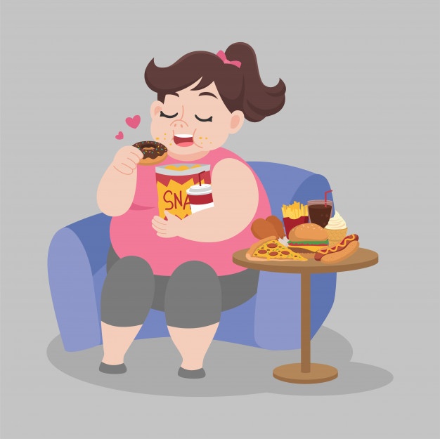 Fat Happy Woman Enjoy Eating Donut Snack Sitting Sofa_134553 141