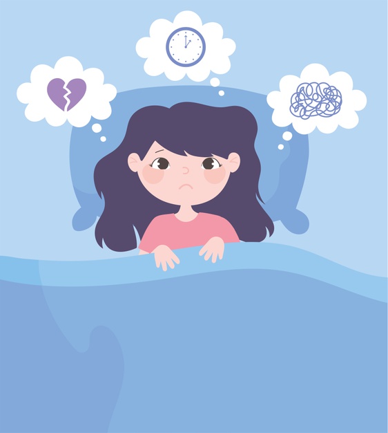 Insomnia Girl Cartoon Bed With Headache Worried Vector Illustration_24640 68166