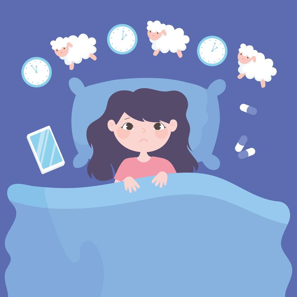 Insomnia Sad Girl On Bed Counting Sheep Vector