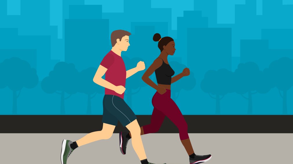 Caucasian Man And African American Woman Jogging Together Illustration