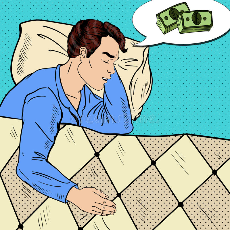 Pop Art Man Sleeping Bed Dreaming Money Vector Illustration 80182183
