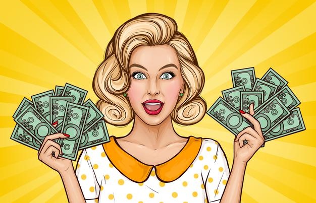 Vector Pop Art Illustration Enthusiastic Girl With Cash Blonde Young Woman Holds Money Bills Hands Advertising Poster Announcement Discounts Sales Style Popart_88138 562