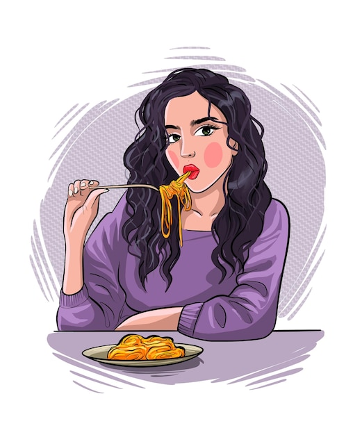 Portrait Beautiful Young Woman Hand Drawing Girl Is Eating Pasta Sketch Illustration_357668 28