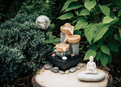 Small,Home,Garden,Private,Fountain,With,Buddha,Statue,Between,Trees