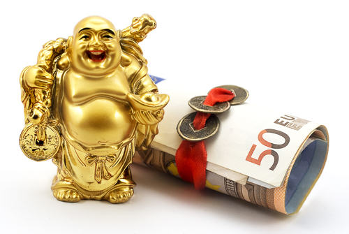 Gold,Laughing,Buddha,With,Money,And,Chinese,Coins